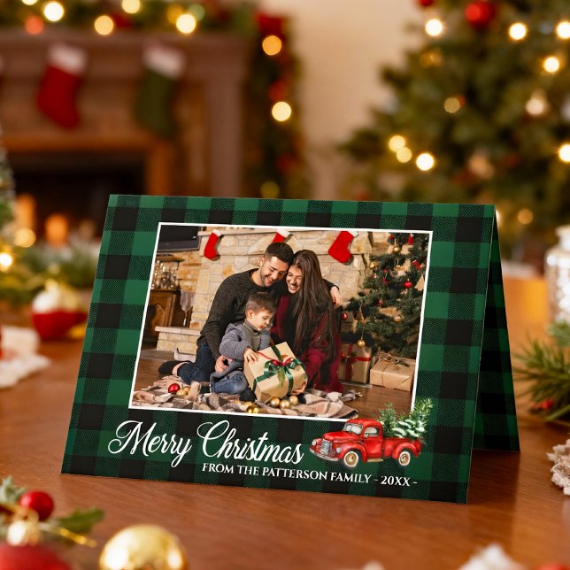 Calligraphy Script Photo Green Plaid Red Truck Holiday Card (Creator Uploaded)