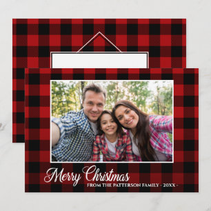 Calligraphy Script Photo Red Plaid Christmas Card
