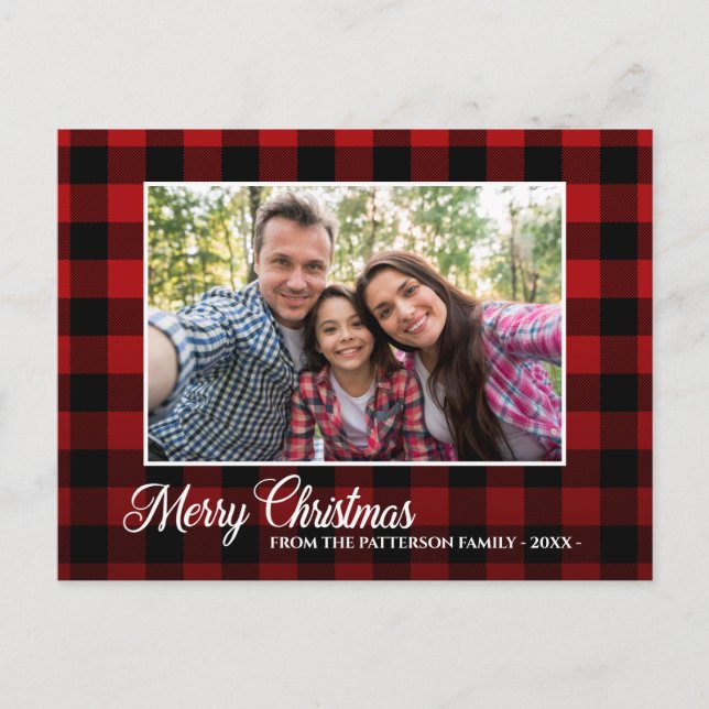 Calligraphy Script Photo Red Plaid Christmas Postcard (Front)