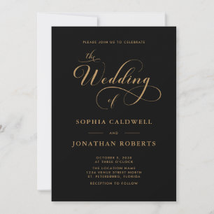 Calligraphy Script QR Code Black Gold Wedding  Invitation