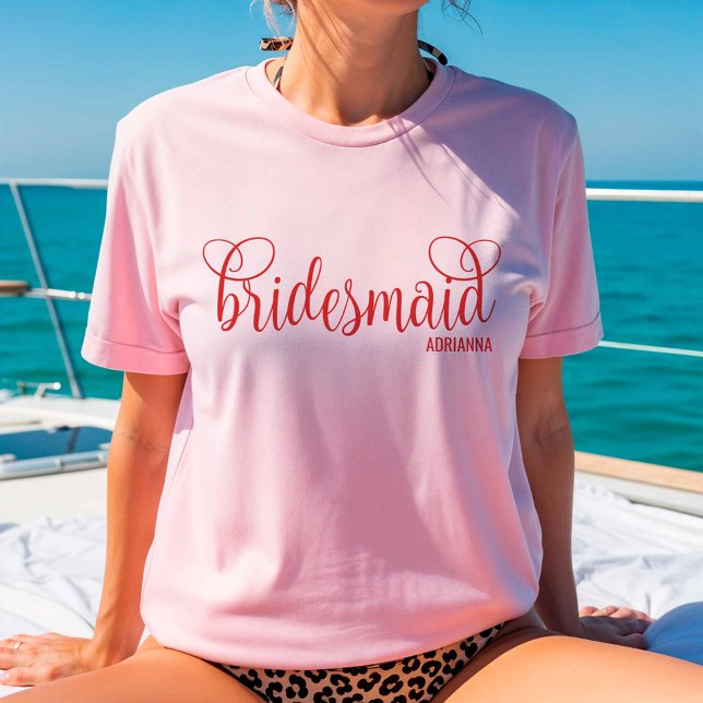Calligraphy Script Red Bridesmaid  T-Shirt (Creator Uploaded)