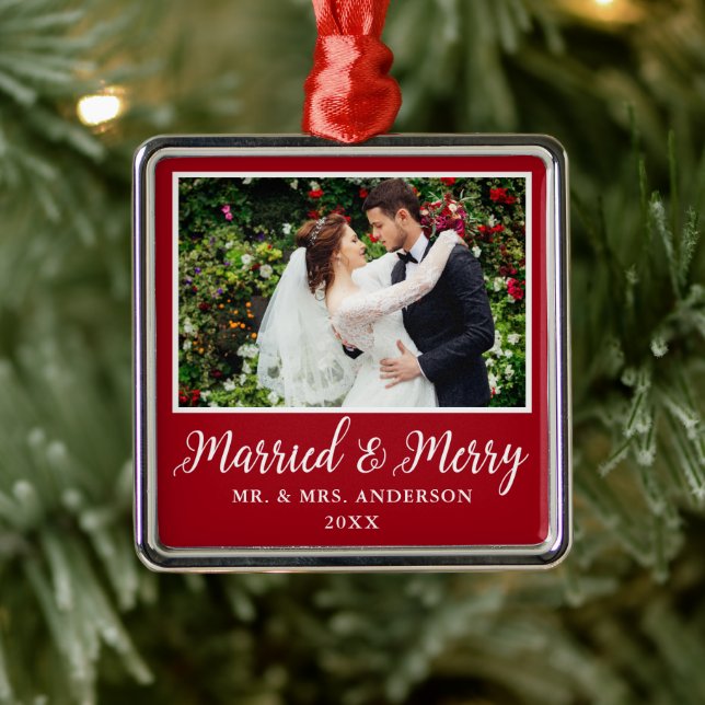 Calligraphy Script Red Married and Merry Metal Ornament (Tree)