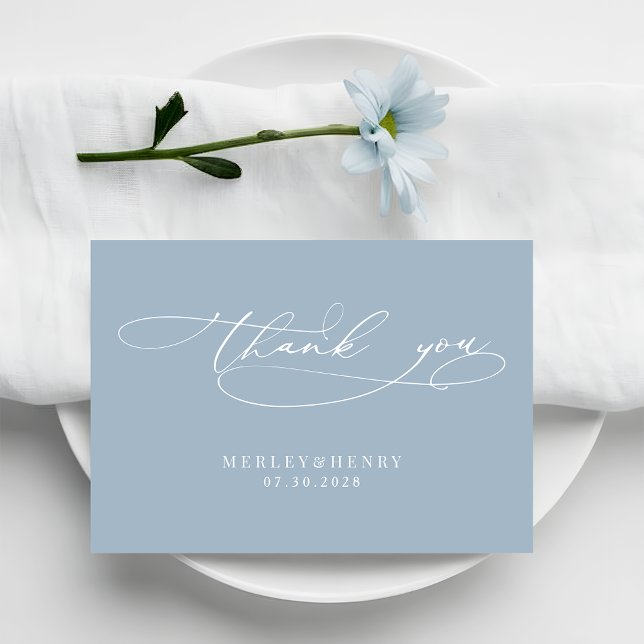 Calligraphy Script Simple Dusty Blue Wedding Thank You Card (Creator Uploaded)