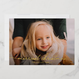 Calligraphy Script Three Photo Merry Christmas  Foil Holiday Card
