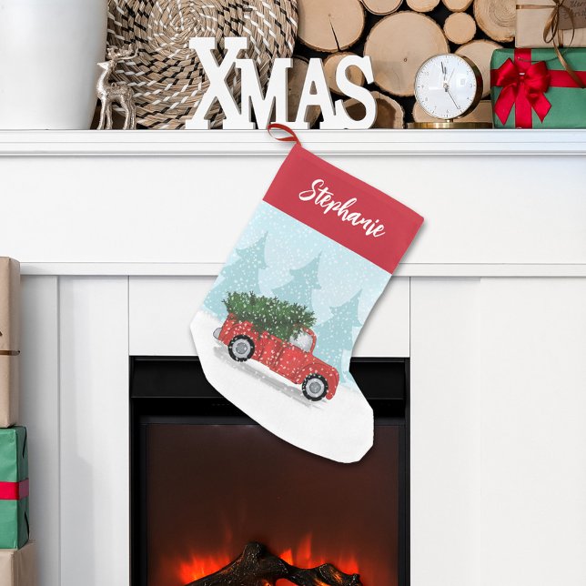 Calligraphy Script Watercolor Rustic Red Truck Small Christmas Stocking (Christmas holiday whimsical winter classic red truck stocking.)