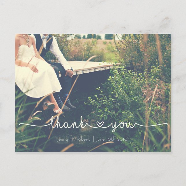 Calligraphy Script Wedding Photo THANK YOU Postcard (Front)