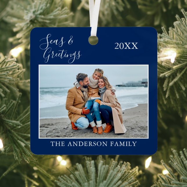 Calligraphy Seas and Greetings Photo Navy Blue Metal Ornament (Insitu)