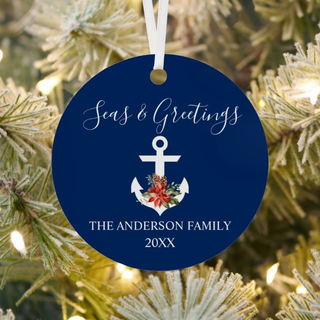 Calligraphy Seas and Greetings Poinsettia Anchor Metal Ornament (Insitu)