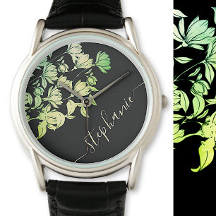 Calligraphy Signature Elegant Floral Green Black Watch