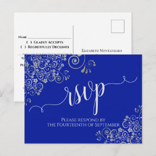 Calligraphy Silver Frills Royal Blue Wedding RSVP Postcard