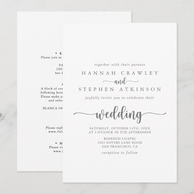 Calligraphy Silver Front & Back Wedding  Invitation (Front/Back)