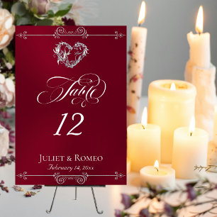 Calligraphy & Silver Heart - Burgundy Table Number
