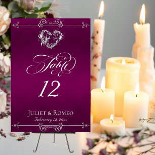Calligraphy & Silver Heart - Plum Table Number