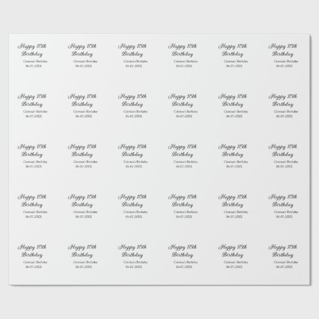 calligraphy simple minimal happy 15th birthday wrapping paper (Flat)