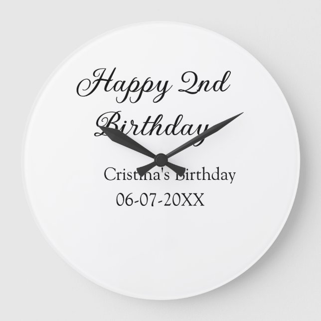 calligraphy simple minimal happy 2nd birthday large clock (Front)