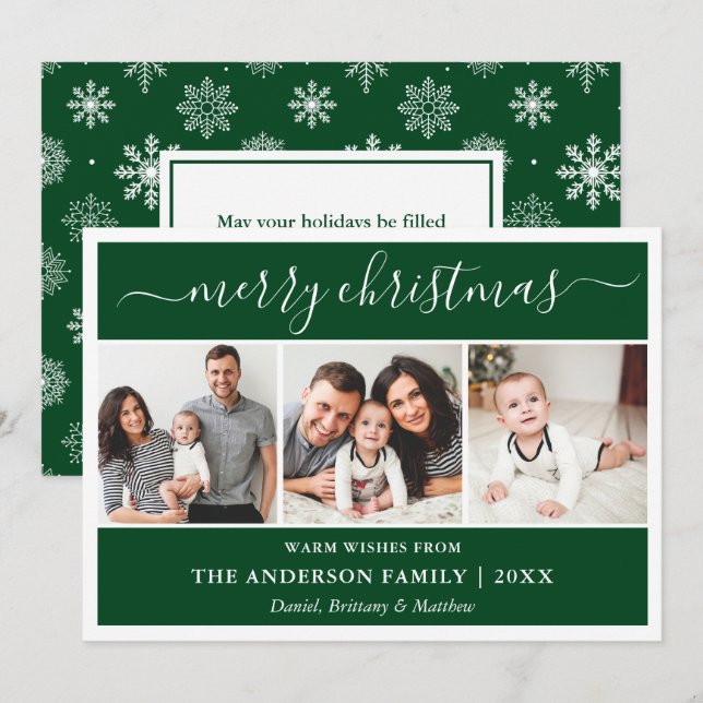 Calligraphy Snowflakes Christmas Green 3 Photo Holiday Card (Front/Back)