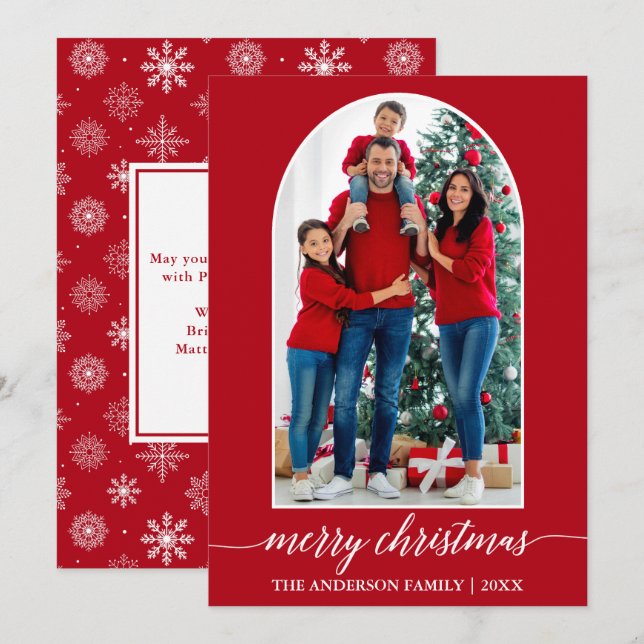 Calligraphy Snowflakes Photo Arch Christmas Red Holiday Card (Front/Back)