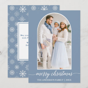 Calligraphy Snowflakes Photo Arch Dusty Blue Holiday Card