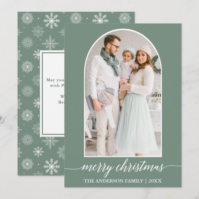 Calligraphy Snowflakes Photo Arch Sage Green Holiday Card (Front/Back)