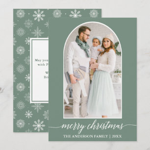 Calligraphy Snowflakes Photo Arch Sage Green Holiday Card