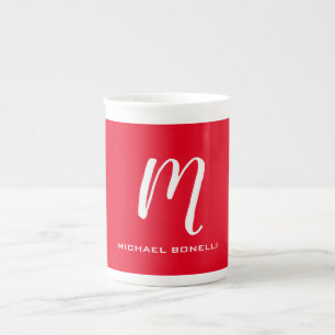Calligraphy stylish red white monogram your name bone china mug