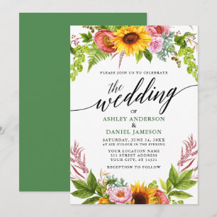 Calligraphy Sunflower Boho Floral Wedding Green Invitation