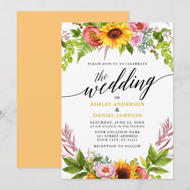 Calligraphy Sunflower Floral Golden Yellow Wedding Invitation (Front/Back)