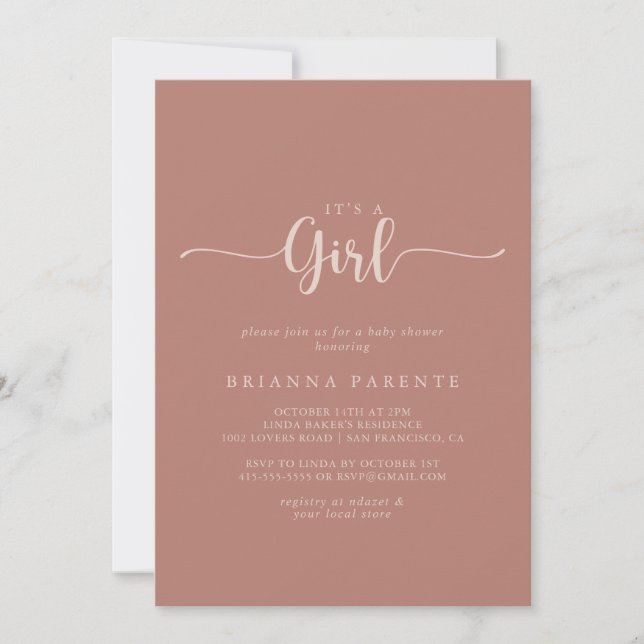 Calligraphy Terracotta It's A Girl Baby Shower  Invitation (Front)