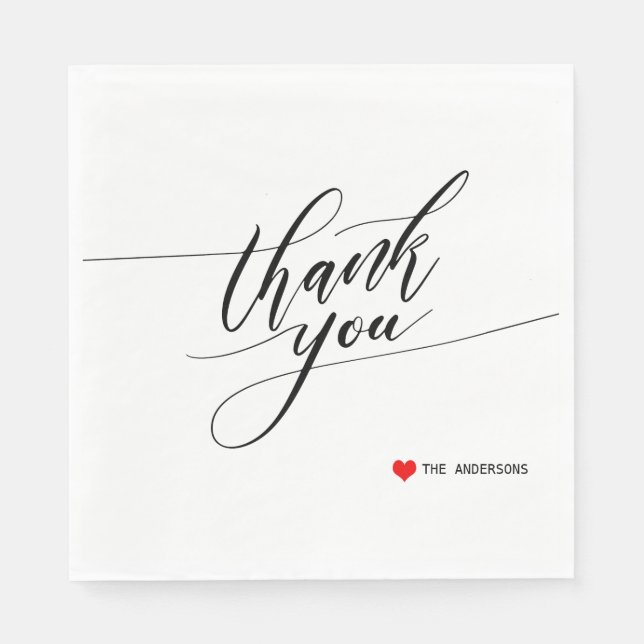 Calligraphy Thank You Red Heart Party Napkins (Front)