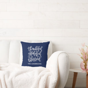 Calligraphy Thankful Grateful Blessed Name Blue Throw Pillow