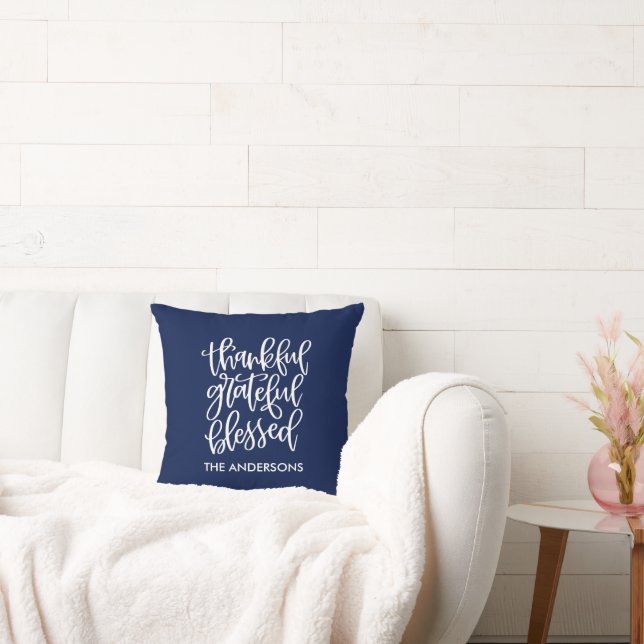 Calligraphy Thankful Grateful Blessed Name Blue Throw Pillow (Couch)