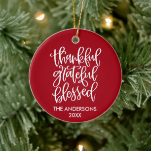 Calligraphy Thankful Grateful Blessed Red Ceramic Ornament