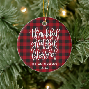 Calligraphy Thankful Grateful Blessed Red Plaid Ceramic Ornament