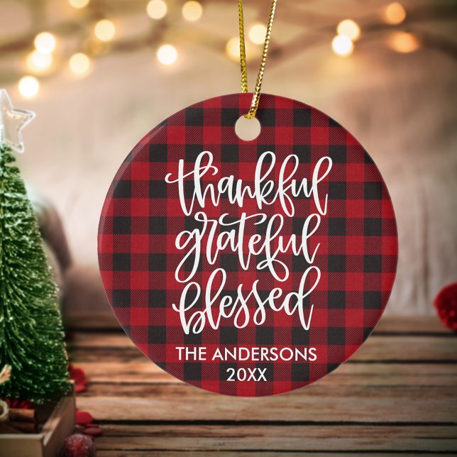 Calligraphy Thankful Grateful Blessed Red Plaid Ceramic Ornament (Customize to change your personalized text size or text style.)