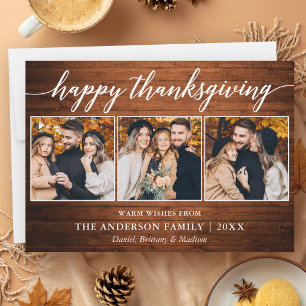 Calligraphy Thanksgiving Rustic Wood 3 Photo Holiday Card