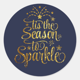 Calligraphy Tis The Season to Sparkle Gold Blue Classic Round Sticker
