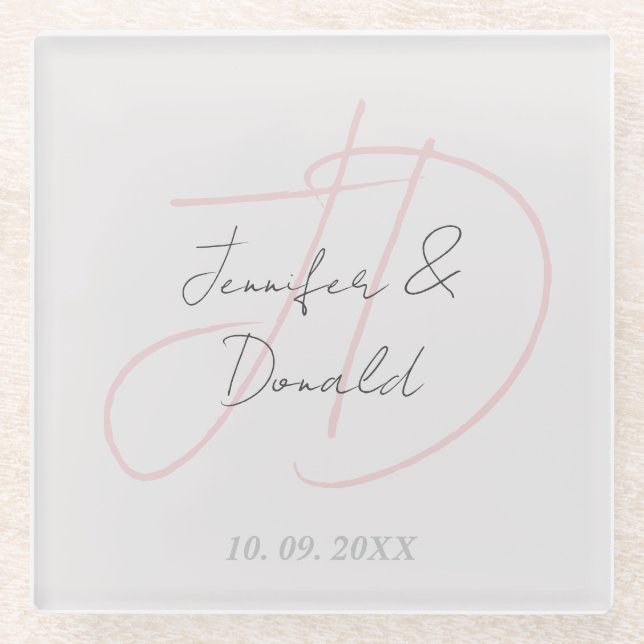 Calligraphy trendy classical script monogram glass coaster (Front)