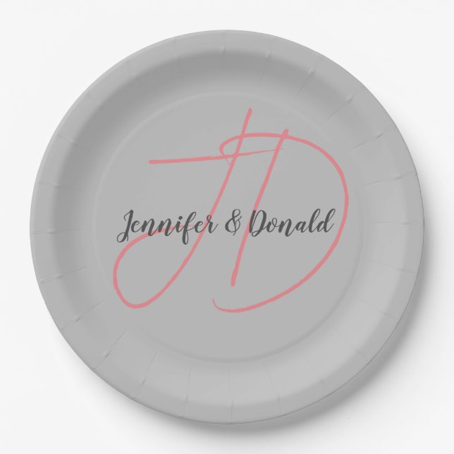 Calligraphy trendy classical script monogram paper plate (Front)