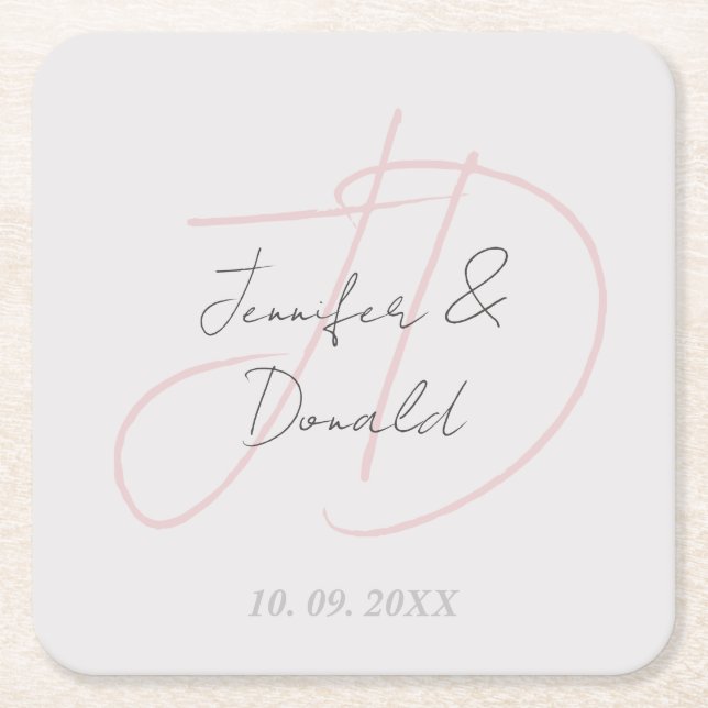 Calligraphy trendy classical script monogram square paper coaster (Front)