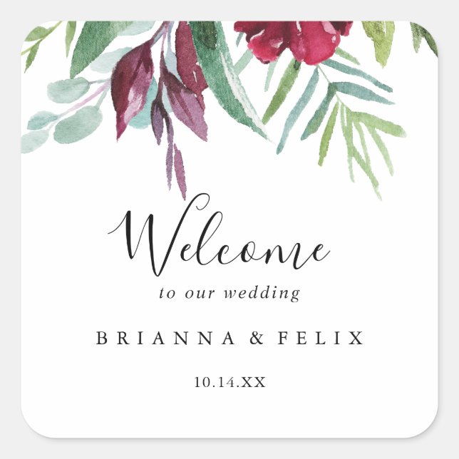 Calligraphy Tropical Floral Wedding Welcome Square Sticker (Front)