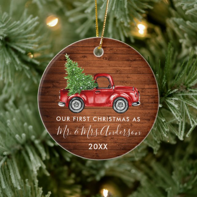 Calligraphy Truck Wood First Christmas Mr. Mrs.  Ceramic Ornament (Tree)