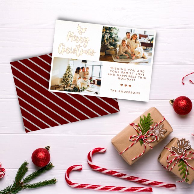 Calligraphy Two Photo Striped Christmas Rose Gold Foil Holiday Card (Creator Uploaded)