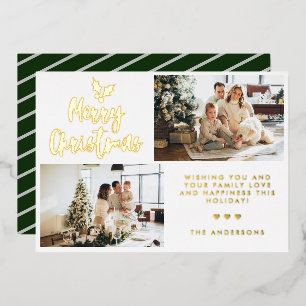 Calligraphy Two Photo Striped Collage Christmas Foil Holiday Card