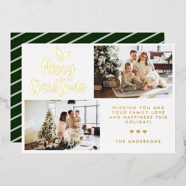 Calligraphy Two Photo Striped Collage Christmas Foil Holiday Card (Front/Back)