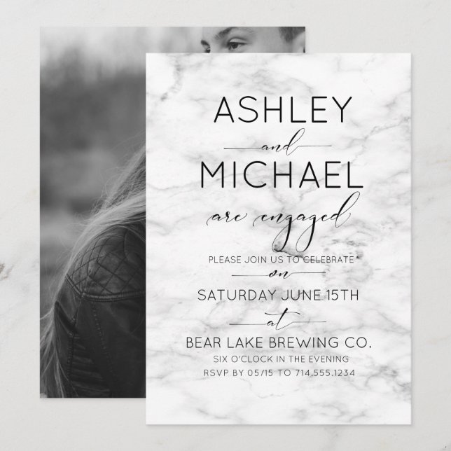 Calligraphy Typography Marble Engagement Party Invitation (Front/Back)