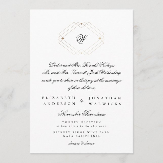 Calligraphy Typography Monogram Gold Deco Wedding Invitation (Front)
