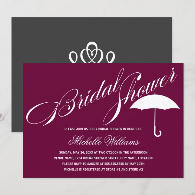 Calligraphy Umbrella Plum Bridal Shower Invitation (Front/Back)