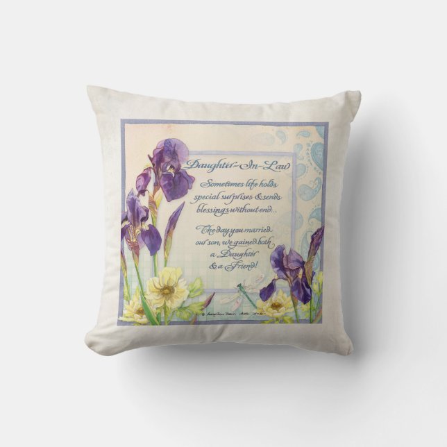 Calligraphy Verse Daughter in Law Iris Watercolor Throw Pillow (Front)