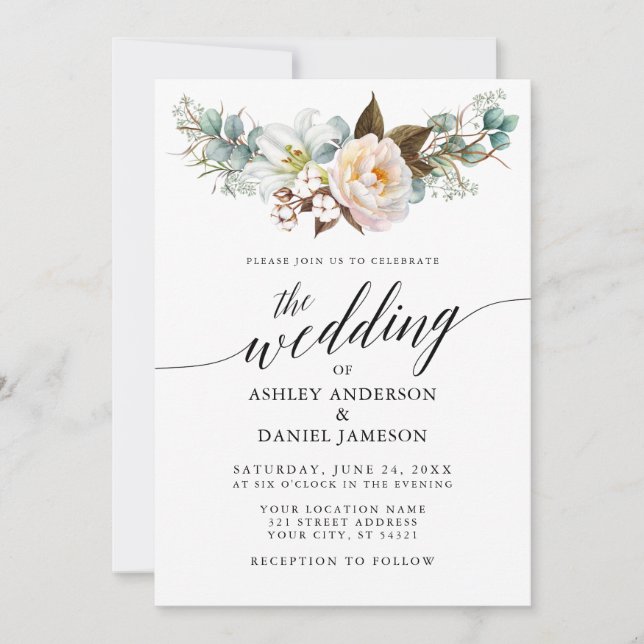 Calligraphy Watercolor Botanical Floral Wedding Invitation (Front)