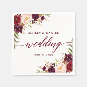 Calligraphy Watercolor Burgundy Floral Wedding Napkin